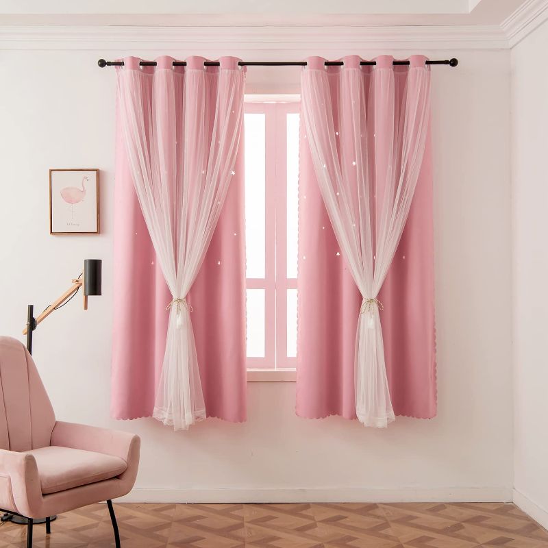 Photo 1 of 
LUGOTAL Girls Curtains for Living Room Bedroom Curtains Double Layer Blackout Curtains 63 Inch Length Star Cut Out Pink Curtain Window Drapes for Nursery 1...52W-63L