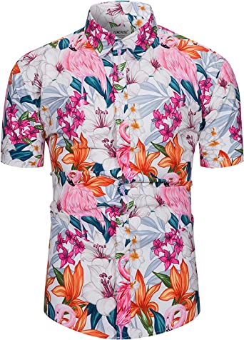 Photo 1 of  Mens Flower/Pineapple/Bird Print Hawaiian Short Sleeve Shirt Casual Button Down Tropical Shirt
