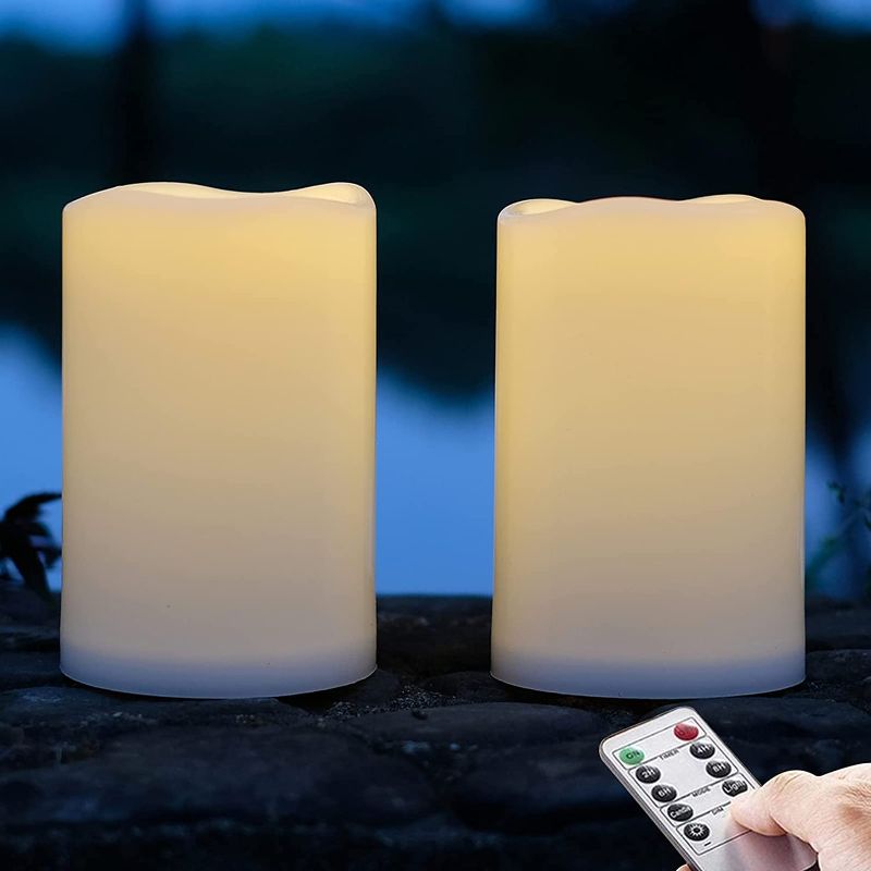 Photo 1 of 4X6'' Outdoor IP44 Warm White LED Rainproof Waterproof Candles, Flameless Battery LED Pillar Candle with Remote and Timer, Resin, No Melt, 2 Pack
