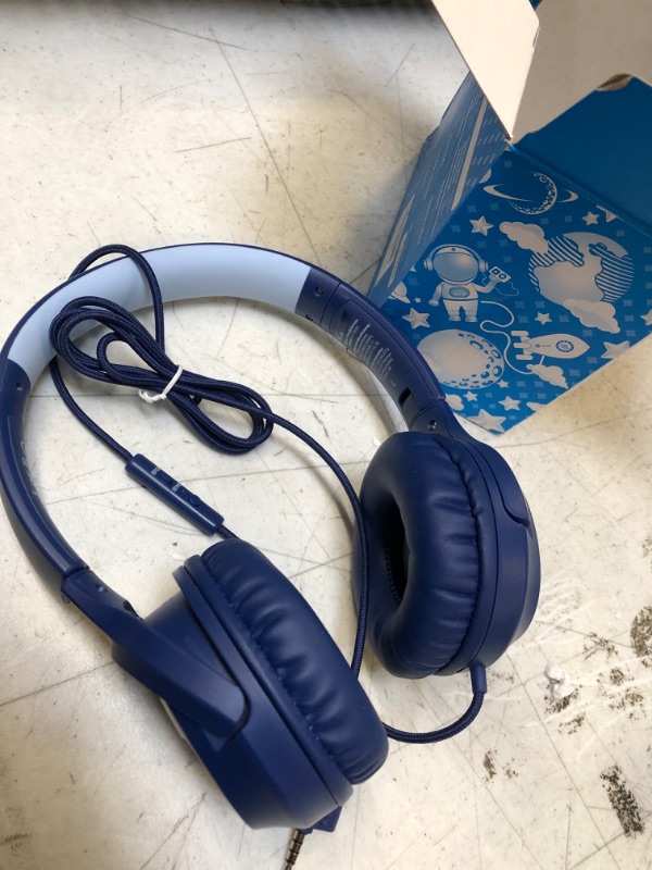 Photo 2 of Kids Headphones Wired with Microphone, iClever Smiley 85/94dB Volume Limited, Over-Ear Headphones for Kids with Share Port, Stereo Sound, Foldable Kids Headphones for School/Travel/iPad/Fire Tablet Navy Blue