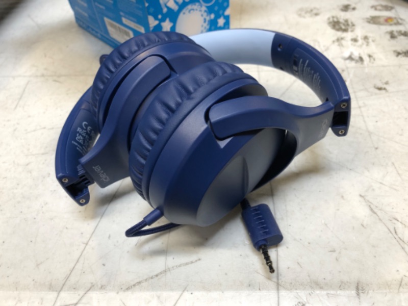 Photo 4 of Kids Headphones Wired with Microphone, iClever Smiley 85/94dB Volume Limited, Over-Ear Headphones for Kids with Share Port, Stereo Sound, Foldable Kids Headphones for School/Travel/iPad/Fire Tablet Navy Blue