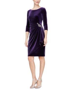 Photo 1 of Alex Evenings Womens Purple Ruched Embellished Velvet Scoop-back 3/4 Sleeve Boat Neck Above the Knee Cocktail Sheath Dress 8 - All
