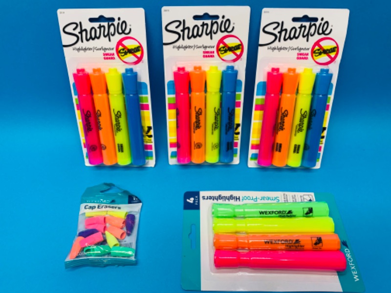 Photo 1 of 222640…4 packages of highlighters and pencil erasers 