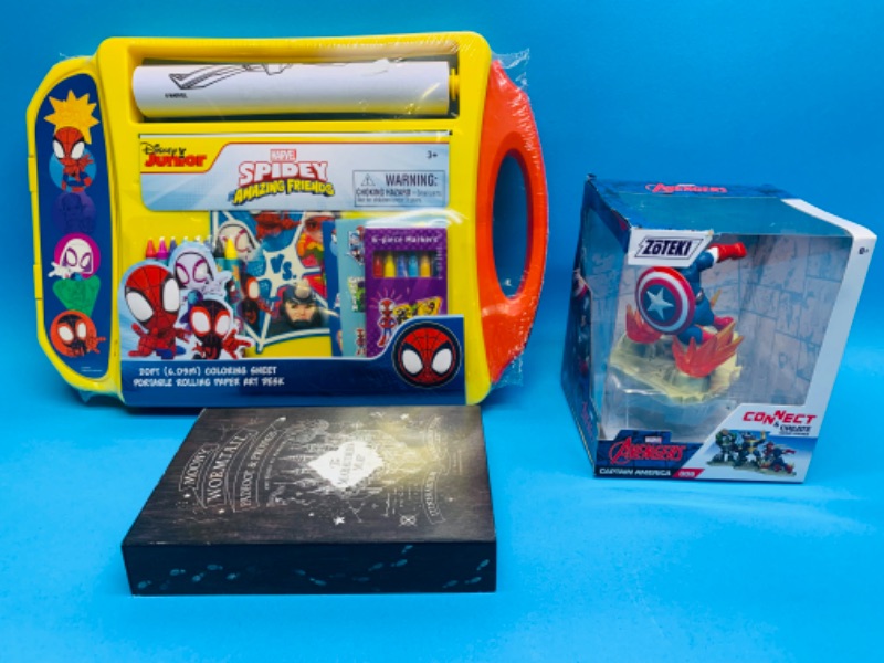 Photo 1 of 222655…Disney  Spider-Man rolling coloring sheet, captain America connect toy and wizard sign 