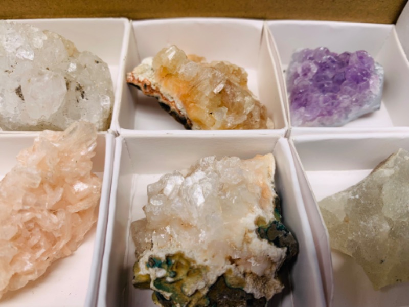 Photo 1 of 222671…mixed collectible rocks in box- amethyst, apophyllite, stilbite and others 