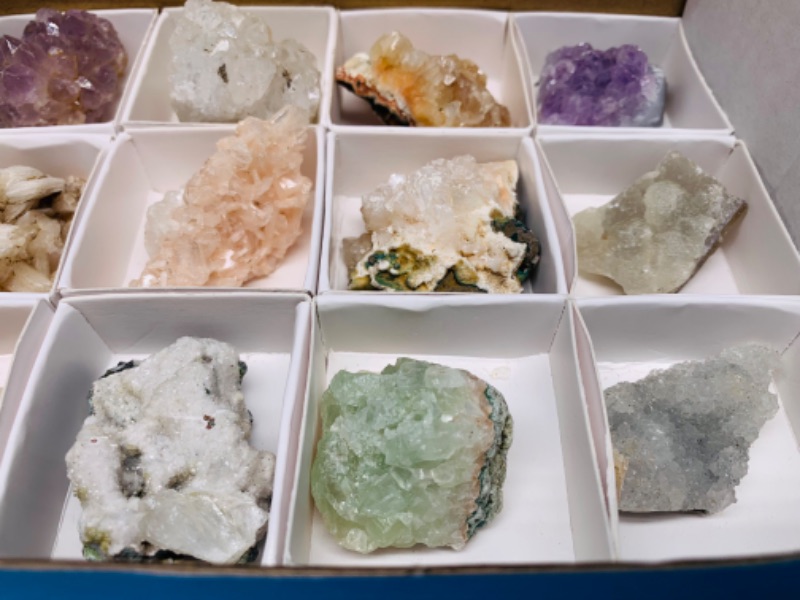 Photo 3 of 222671…mixed collectible rocks in box- amethyst, apophyllite, stilbite and others 