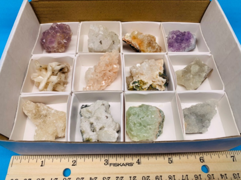 Photo 1 of 222671…mixed collectible rocks in box- amethyst, apophyllite, stilbite and others 