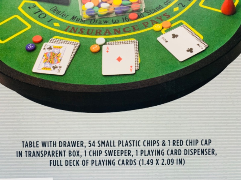 Photo 3 of 222854… tabletop size blackjack table with chips, card dispenser, cards, chip sweeper chip cap