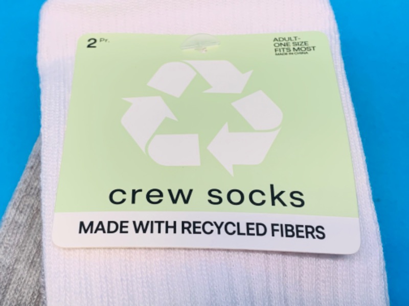 Photo 2 of 222975…  6 pairs of adult one size fits most crew socks made with recycled fibers