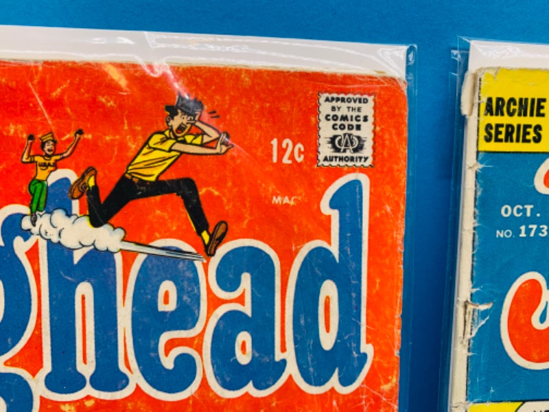 Photo 3 of 223549…condition issues- vintage $.12 and $.15 Jughead comics in plastic sleeves- bends, stains, creases 