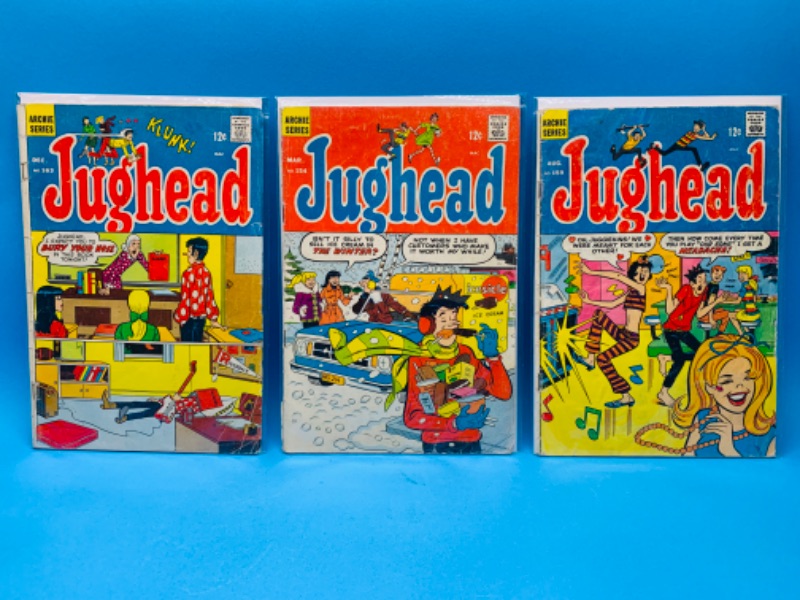 Photo 1 of 223550…condition issues 3 vintage $.12 Jughead comics in plastic sleeves- creases, stains, wear