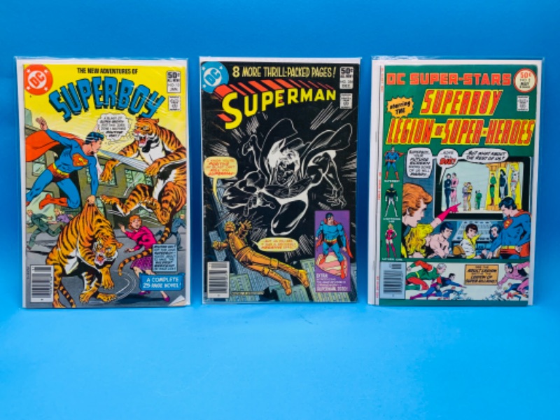 Photo 1 of 223572…3 vintage $.50 Superman and Superboy comics in plastic sleeves 