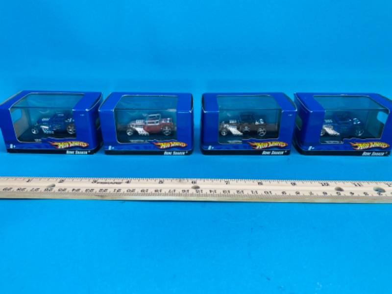 Photo 4 of 223952… 4 small die cast bone shaker cars in display cases 