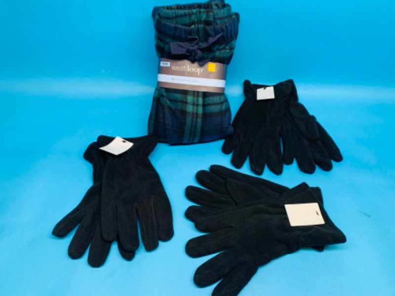 Photo 1 of 224236…mens size large lounge pants and 3 pairs of fleece gloves 