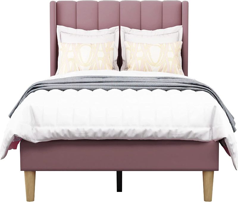 Photo 1 of AGARTT Upholstered Platform Bed Frame Twin Size with Headboard and Footboard/Wooden Slats Support/No Box Spring Needed/Easy Assembly,Pink Velvet
