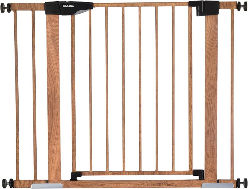 Photo 1 of -BABELIO Metal Baby Gate with Wood Pattern, 29-40" Easy Install Pressure Mounted Dog Gate, Ideal for Stairs and Doorways, with Wall Protectors and Extenders, No Tools Required