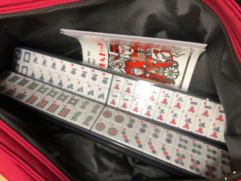 Photo 3 of American Mahjong Game Set,166 Premium White Tiles,4 All-in-One Color Rack/Pushers,100 Chips,1 Wind indicator,Durable Red Soft Carrying Bag,Easy Carry Western Mahjongg with English Instruction Included Mahjong With Red Bag