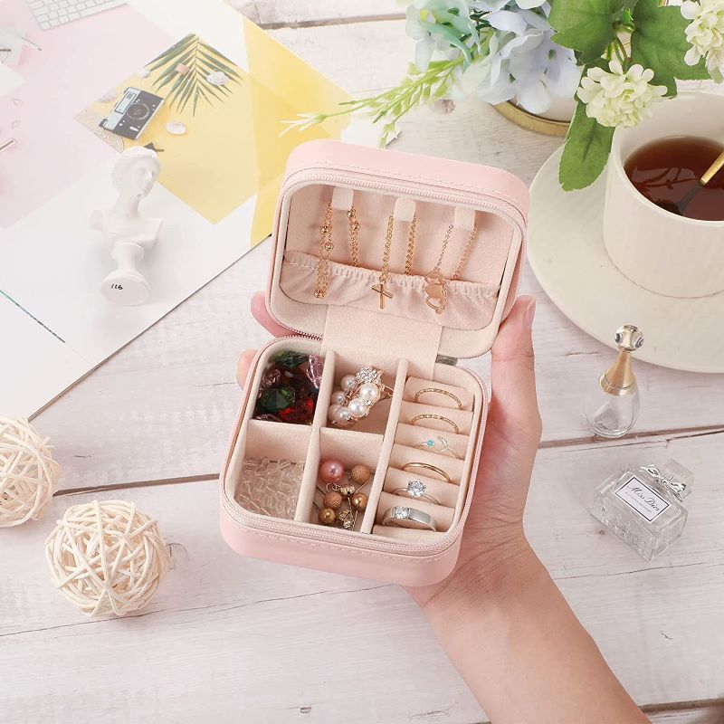 Photo 1 of Canlierr Small Travel Jewelry PU Leather Box Bulk for Women Girls, Bridesmaid Gift Boxes Portable Jewelry Organizer for Rings Pink 4" x 4" x 2" 