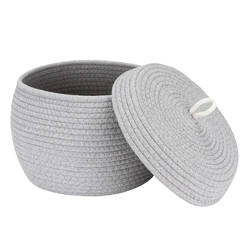 Photo 1 of  Small Gray Round Cotton Rope Storage Basket with Lid
