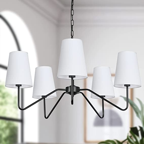 Photo 1 of 5-Light Modern Chandelier with White Shades, 28.3” Classic Pendant Ceiling Light Fixture for Dining Room, Black Chandelier with E12 Base Hanging Lamp for Living Room Hallway Bedroom, Height Adjustable
