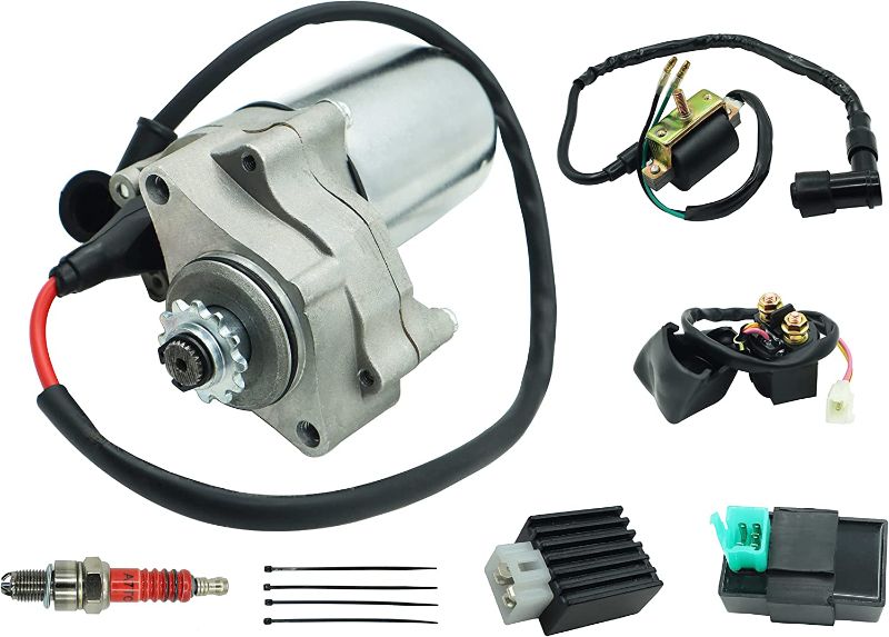 Photo 1 of 110cc ATV Starter Motor 2 Bolt Fits for Kids ATVs Quad Dirt Pit Bike TaoTao 50cc 70cc 90cc 110cc 125cc, 4 Piece ATV Part with Solenoid Starter Relay&Ignition Coil&Voltage Regulator
