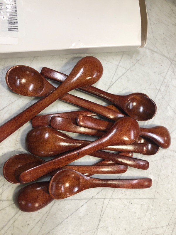 Photo 2 of 12 Pieces Small Wooden Spoons for Eating 5 Inch Wood Teaspoon Handmade Serving Spoon for Soup Bath Salt Coffee Tea Honey Dessert Cooking Mixing for Daily Use (Brown)