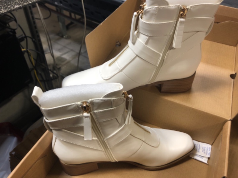 Photo 2 of 8---Coutgo Women’s Closed Pointed Toe Ankle Booties Side Zipper Strappy Buckle Low Chunky Heel Winter Warm Boots with Tassel White 8