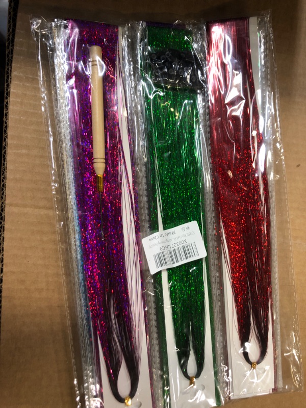 Photo 2 of ADIASAI Hair Tinsel Kit 47 Inches 10 Colors 2000 Strands Hair Tinsel Heat Resistant Fairy Hair Tinsel with Tool, Sparkling Glitter Shiny Silk Tinsel for Halloween Cosplay Christmas New Year Party