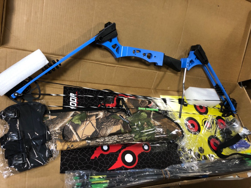 Photo 1 of Aimdor A9 Compound Bow and Arrow Set for Youth and Adults Archery Compound Bow Kit for Beginner with All Accessories, Limb Made in USA, 20”-27” Draw Length, 10-40 Lbs Draw Weight, IBO 290 FPS Blue
