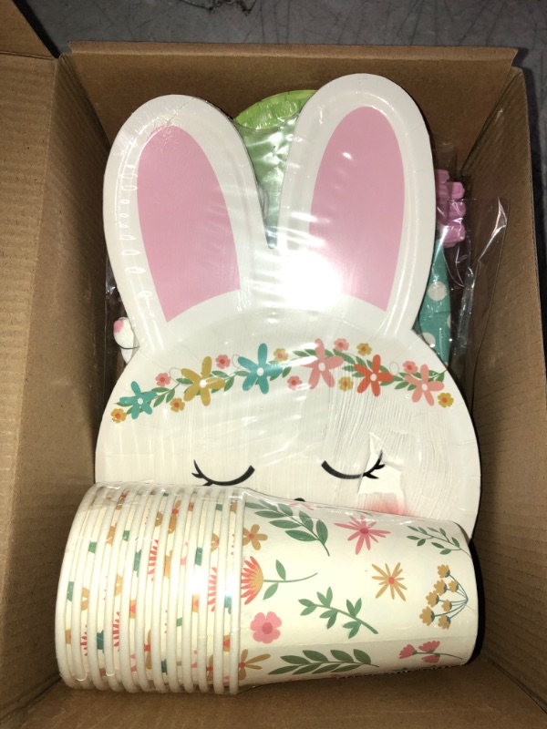 Photo 1 of Bunny Party Supplies | Rabbit Themed 1st Birthday, Dinnerware Set Pack of 68 | 7in 10in Plates 3 Ply Napkins, Cups and Cup Sleeves with Knife Fork and Spoon Set Birthday Party Decorations