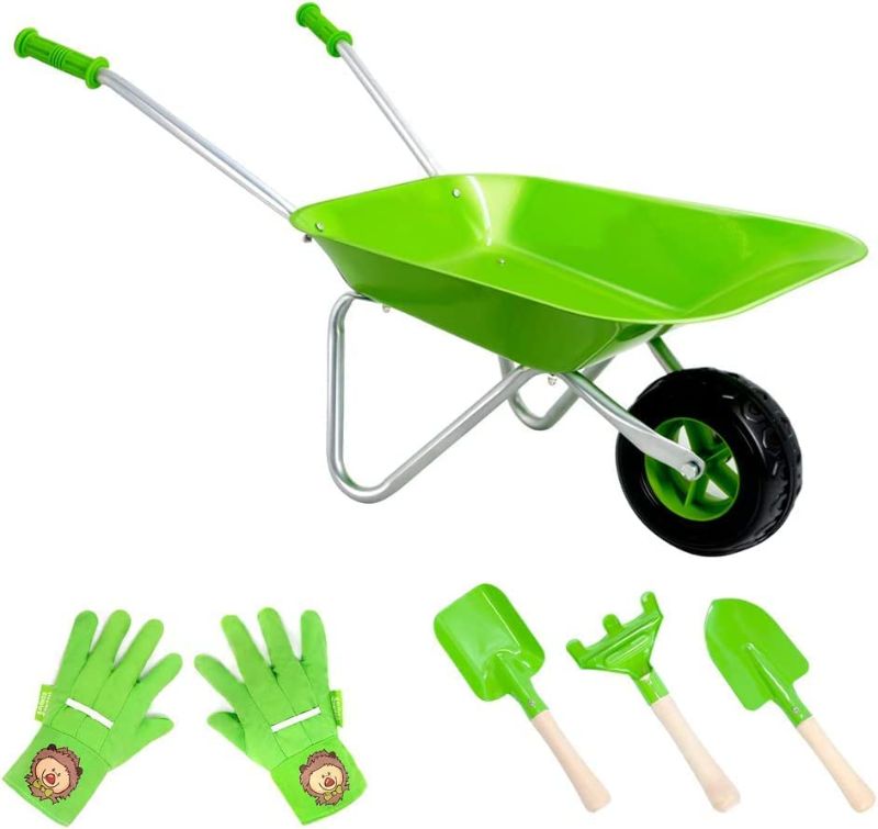 Photo 1 of Altdorff Kids Wheelbarrow Set Metal, Child Wheel Barrel Green Easy to Assemble and Kids Gardening Tools Kit, Garden Toys with Small Wheel Barrow, Outdoor Indoor Toys Gift for Children
