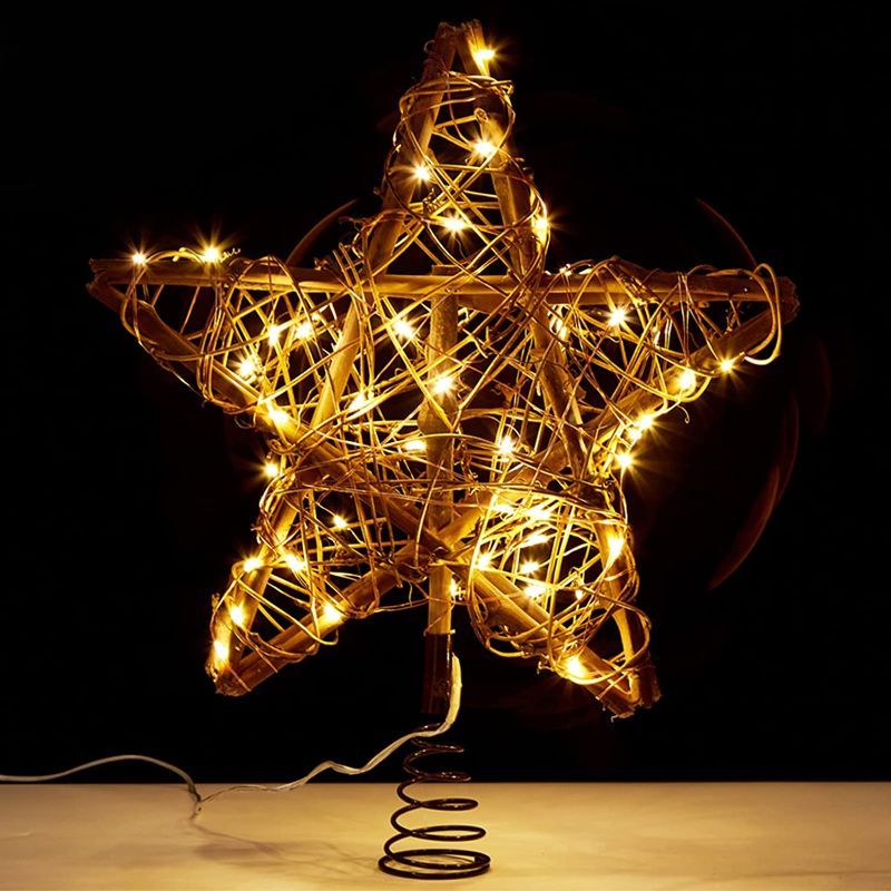 Photo 1 of MostaShow Christmas Tree Topper, 12'' Rattan Natural Star Treetop Lighted with 23Ft 50LED Warm White USB Powered Copper Lights, Farmhouse Rustic LED Light Up Tree Topper for Xmas Tree Decorations
