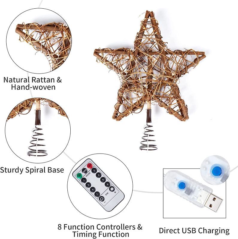 Photo 2 of MostaShow Christmas Tree Topper, 12'' Rattan Natural Star Treetop Lighted with 23Ft 50LED Warm White USB Powered Copper Lights, Farmhouse Rustic LED Light Up Tree Topper for Xmas Tree Decorations
