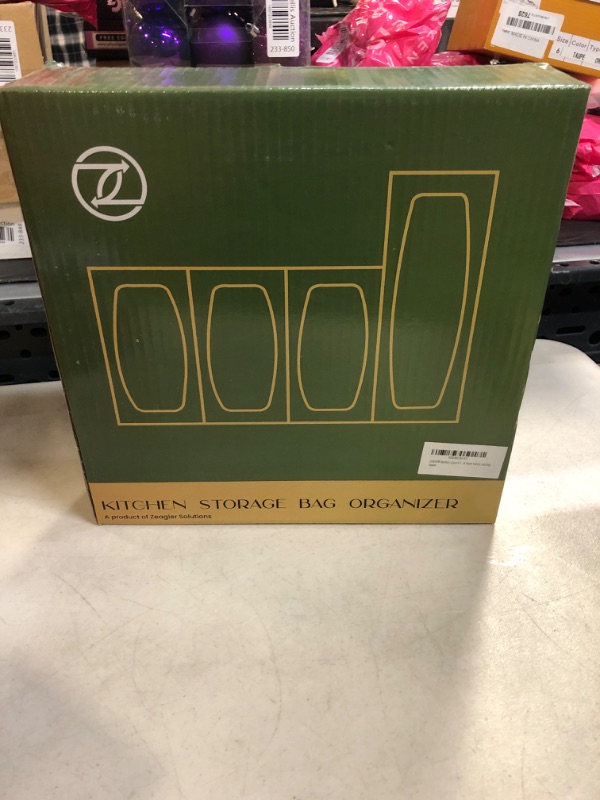 Photo 2 of ZEAGLER- Bamboo Ziplock Plastic Bag Storage Organizer for Kitchen Drawer, 4 Separate Wooden Baggie Organizer, Gallon, Quart, Sandwich & Snack Variety Size Bag******Factory Sealed