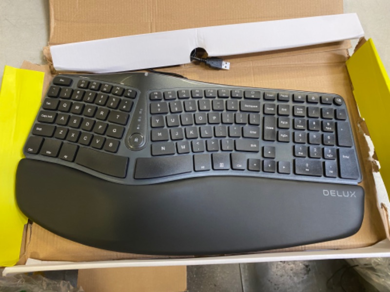 Photo 2 of DeLUX Wired Ergonomic Split Keyboard with Wrist Rest, [Standard Ergo] Keyboard Series with 2 USB Passthrough, Natural Typing Reducing Hand Pressure, 107 Keys for Windows and Mac OS (GM901U-Black)