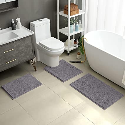 Photo 1 of 3 Pieces Bathroom Rug Set, Ultra Soft Non Slip Bath Rug and Absorbent Chenille Bath Mat, Grey Bathroom Rugs, Plush Bath Mats for Bathroom, Tub, Shower