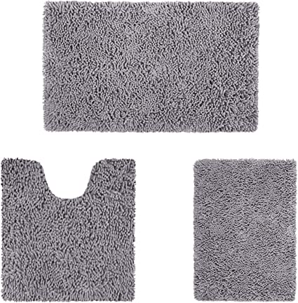 Photo 2 of 3 Pieces Bathroom Rug Set, Ultra Soft Non Slip Bath Rug and Absorbent Chenille Bath Mat, Grey Bathroom Rugs, Plush Bath Mats for Bathroom, Tub, Shower