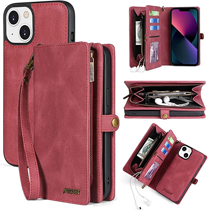 Photo 1 of Compatible with iPhone 13 Wallet Case,2 in 1 Detachable Magnetic Wallet Case with Card Holder,Zipper,PU Leather Flip Cover Case with Wrist Strap,Card Slots for Women Man Red