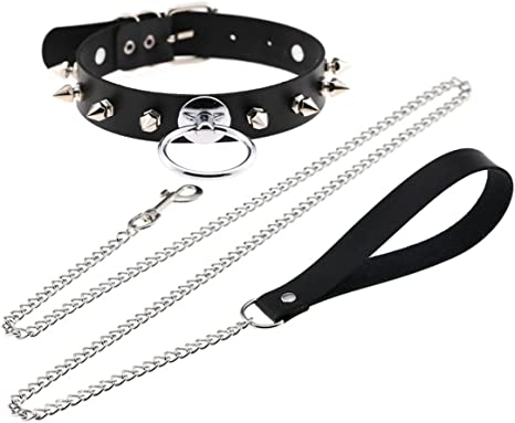 Photo 1 of JNKET Rivets Choker Punk Hauling Chain PU Leather Collar Metal Ring Gothic Necklace NightClub Goth Leash Belts Adjustable Size
