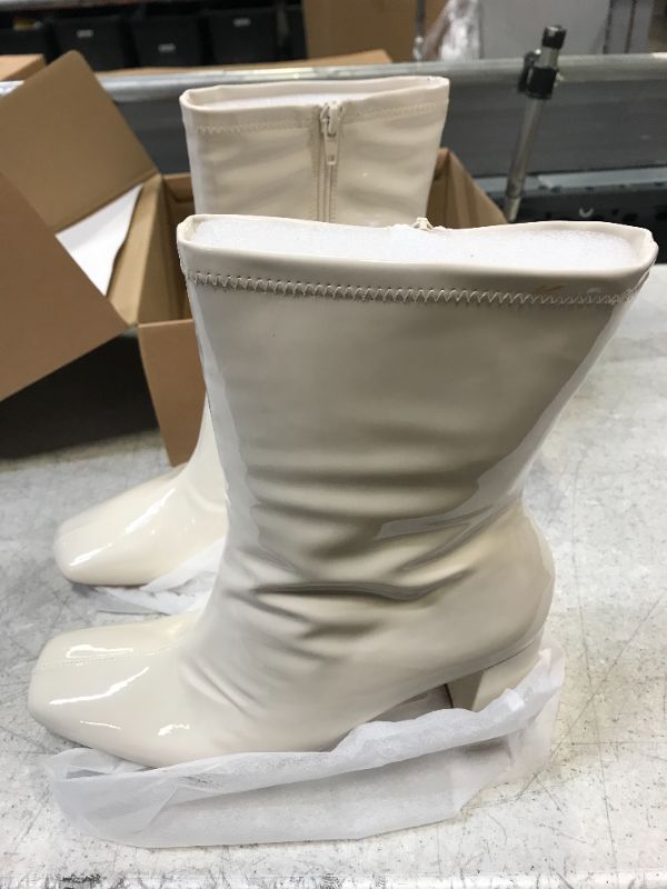 Photo 3 of Coutgo Womens Square Toe Gogo Boots High Chunky Heels Mid Calf Boots Patent Leather Ankle Booties White