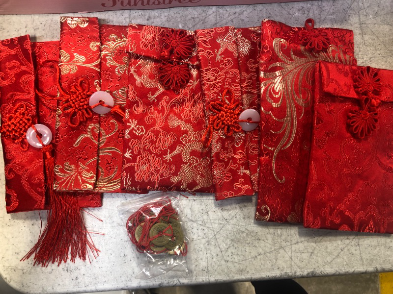Photo 3 of Dianelhall 6 Pieces Silk Red Envelopes and 6 Pieces Chinese Fortune Coins Feng Shui Coins, Embroidery Chinese Lucky Money Envelope