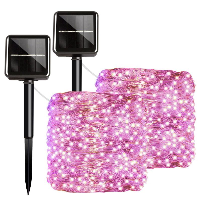 Photo 1 of 100 LED 33Ft Outdoor Solar String Lights, Pink Super Bright Solar Fairy Lights with 8 Lighting Modes Waterproof Decoration Silver Wire Lights for Patio Yard Trees Christmas Wedding Party, 2 Pack Pink 33Ft/10M