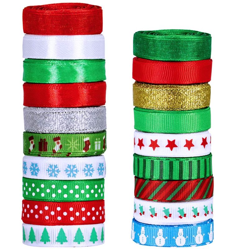 Photo 1 of 19 Rolls 95 Yard Christmas Ribbons Trims Printed Grosgrain Ribbons Multicolor Organza Ribbons Satin Ribbons Metallic Glitter Ribbons 3/8" Wide for Winter Holiday Festival Season Gift Wrapping Party --- 2 PACK 