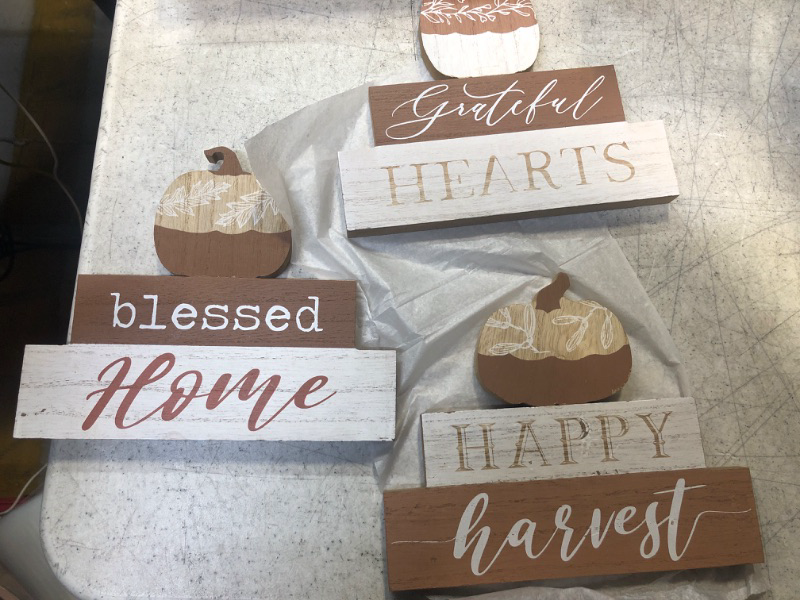 Photo 3 of 3 Pcs Fall Decorations for Home Blessed Grateful Thankful Sign Fall Decor Thanksgiving Decorations Wooden Pumpkin Tabletop Signs for Home Thanksgiving Farmhouse Living Room Harvest White