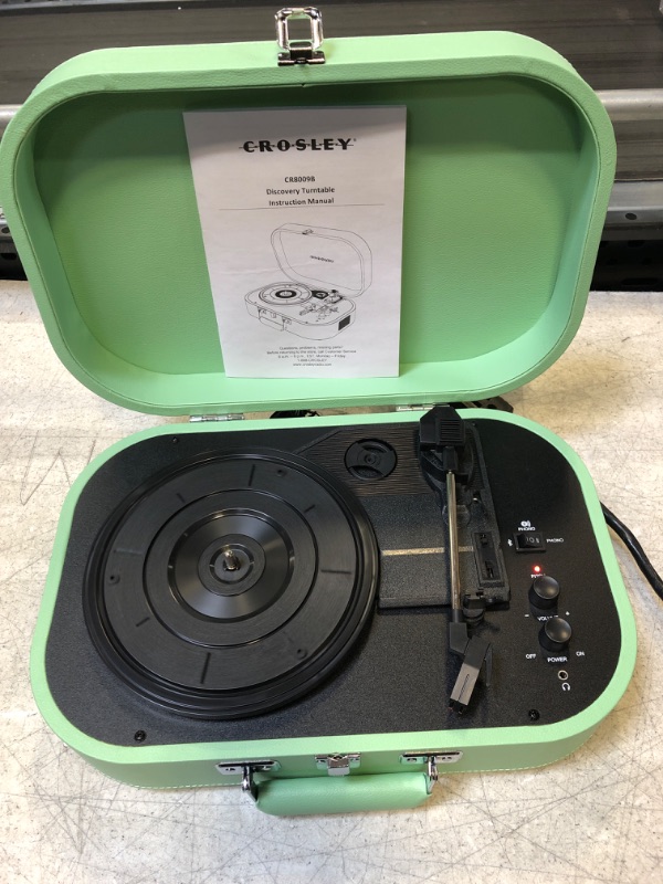 Photo 3 of Crosley CR8009B-SEA Discovery Vintage Bluetooth in/Out 3-Speed Belt-Driven Suitcase Vinyl Record Player Turntable, Seafoam
