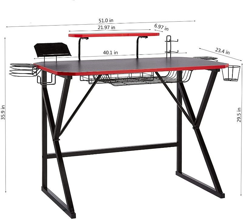 Photo 2 of Amazon Basics Gaming Computer Desk with Storage for Controller, Headphone & Speaker - Red