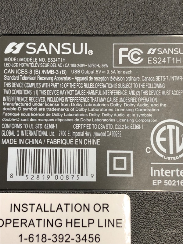 Photo 4 of SANSUI ES24T1H, 24 inch LED TV HD 720P with HDMI USB AV in Optical Ports (Packed with HDMI Cable) 24 inch HD LED TV
USED -MISSING HARDWARE