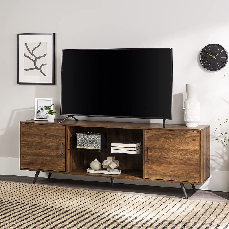 Photo 1 of Walker Edison WalkerAEdisonAFurniture Company Walker Edison 48 2 Door Glass Shelf Corner Tv Console, Dark Walnut