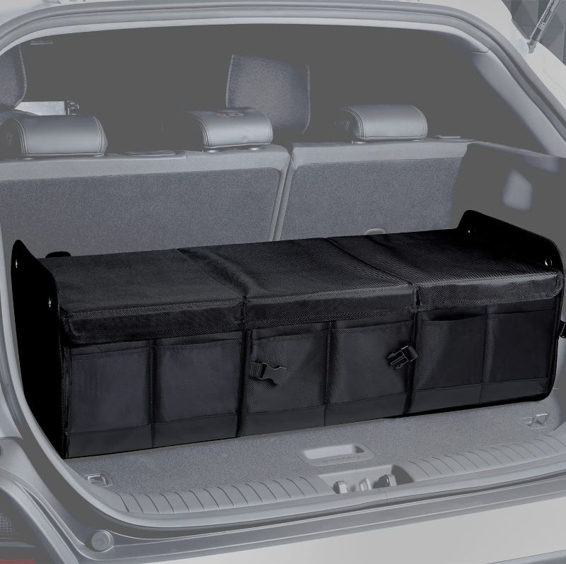 Photo 1 of NINEDUCK Car Trunk Organizer with Lid - Black Premium Oxford and Cargo Storage Adjustable for Auto, Sedan, SUV, Van, Truck (ExtraLarge, Collapsible), Straps
