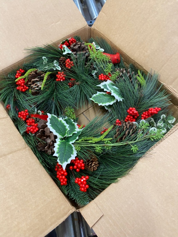 Photo 1 of 24inch Christmas Wreaths for Front Door, Christmas Door Wreaths with Birds ,Pine Cones and Battery Operated LED Lights Large Artificial Xmas Wreath for Outdoor Holiday Decor Bird Christmas Wreath